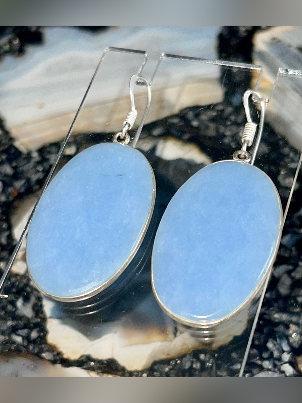 Soft Blue Oval Anhydrite Angelite Earrings 2”
